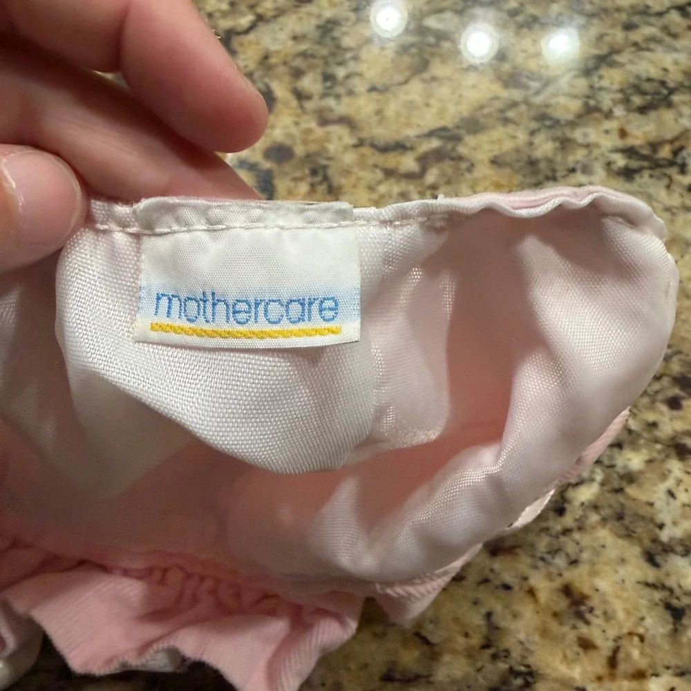 Vintage Mothercare Baby Bonnet Pink Corduroy Lace Ruffle Pom Pom Ribbon Tie Hat